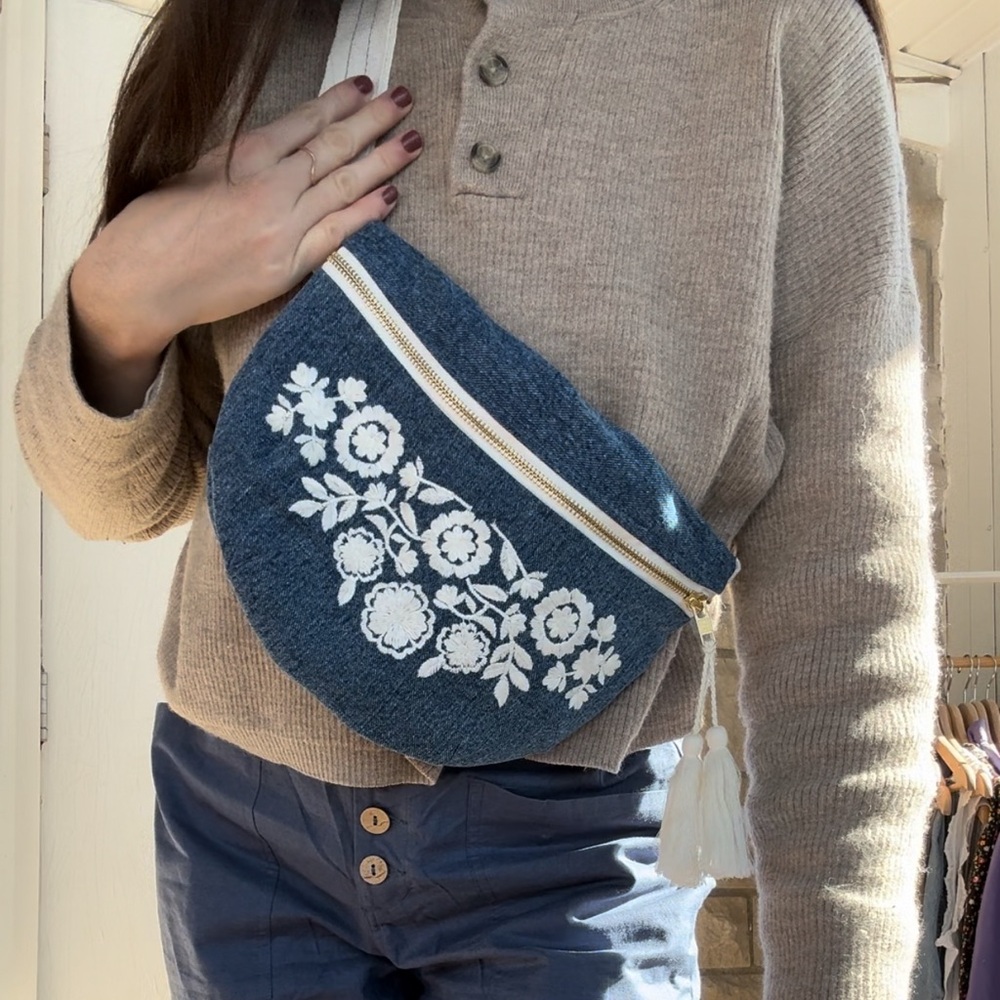 louise misha denim embroidered waist bum bag